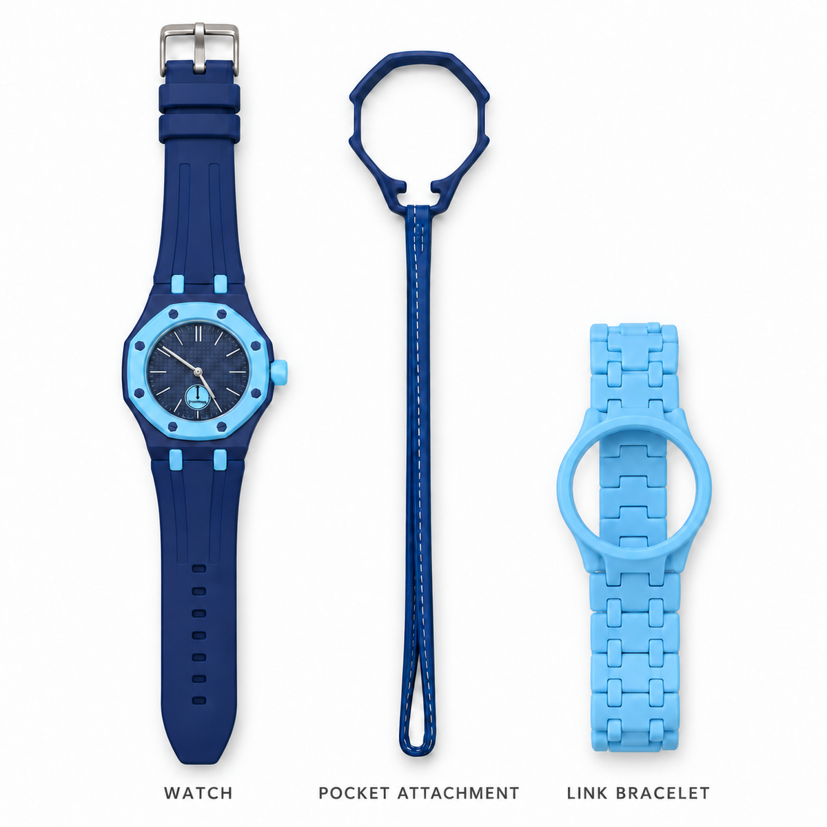 Vibe Tide Plus set: one watch, pocket attachment and matching link bracelet, arranged upright on white without packaging or adjustment tool